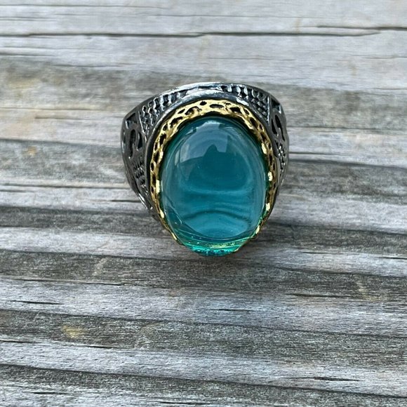 Men Rings Fashion Blue Stone Gunmetal/Gold Tone Men Jewelry Rings Size 9 - Picture 3 of 11